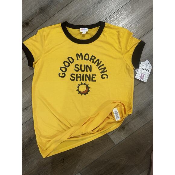 NWT LuLaRoe MEDIUM Liv T-Shirt Gold Dark Brown‎ Ringer Good Morning Sunshine Sun - Picture 4 of 5